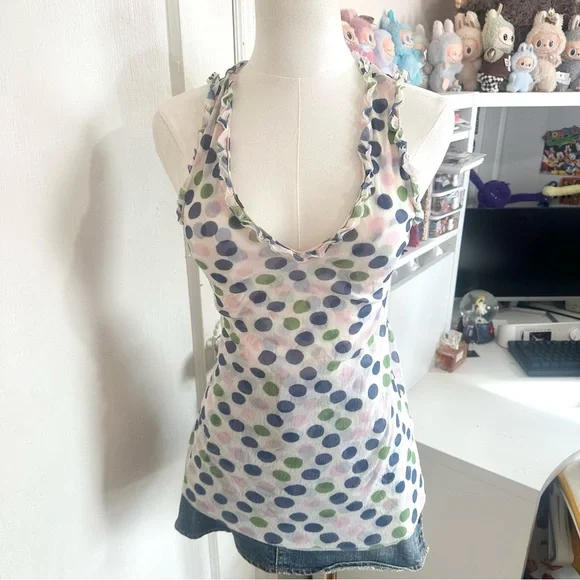 Y2K blue, green, pink and white mesh polka dot tank top with ruffles - Picture 2 of 7